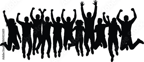 Silhouettes of group jumping in celebration, black figures, joyful gesture, white background, teamwork and community illustration