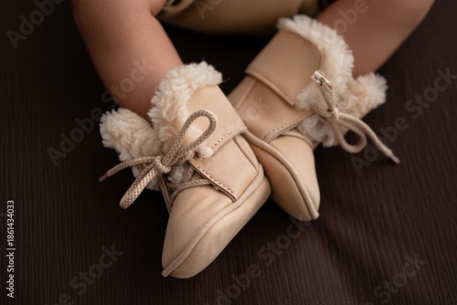 Soft beige baby booties with fluffy trim and laces cream