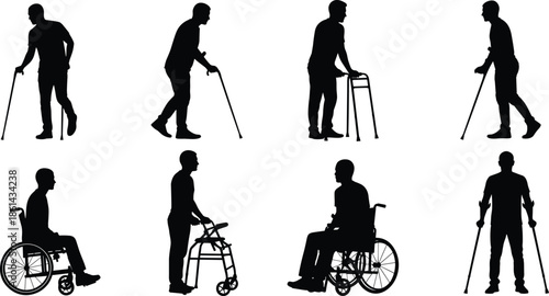 Silhouettes of people using mobility aids, black figures, accessibility posture, white background, disability support and inclusion illustration