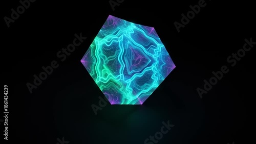 Abstract glowing cube with energy waves on black background