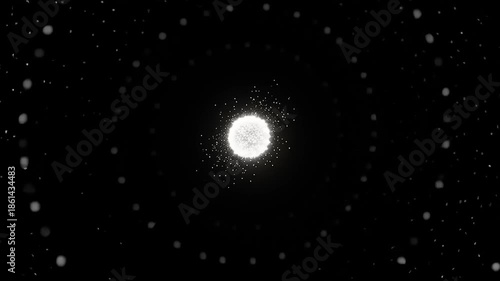 Abstract glowing orb with particle effects against black background