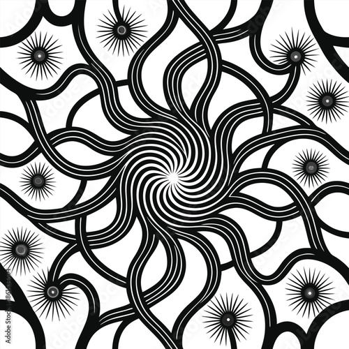 Black and White Abstract Swirling Pattern with Starburst Elements Keywords: abstract, pattern, black and white, swirling, spiral, symmetrical, organic, lines, curves, intricate, design, graphic