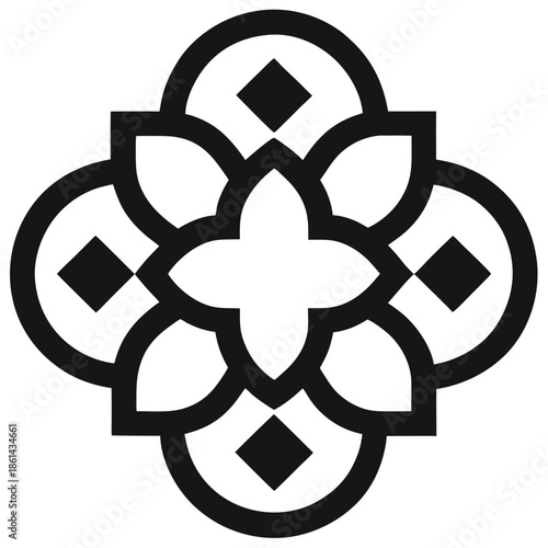 Black Geometric Mandala Or Flower Motif On White Background Keywords: black, geometric, mandala, motif, flower, symmetrical, ornamental, decorative, design, abstract, symbol, graphic, clean
