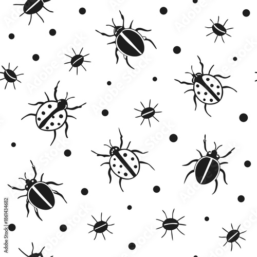 Black Ladybugs and Dots Pattern on White Background Keywords: ladybugs, insects, pattern, seamless, black, white, cute, cartoon, simple, graphic, illustration, design, background, wallpaper