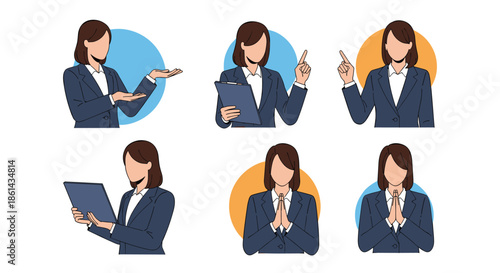 Set of six poses of a professional businesswoman in blue suit showing various hand gestures and expressions for office communication.