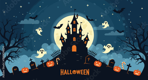 Spooky Halloween landscape featuring a dark haunted castle under full moon with ghosts flying over cemetery and glowing jack o lanterns.
