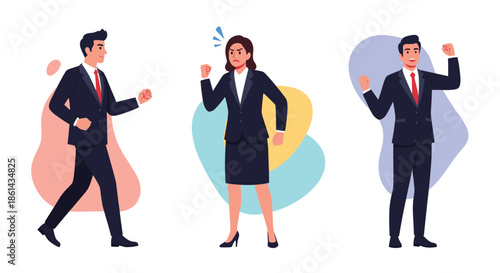 Collection of business people characters in suits showing diverse actions like walking, shouting in anger, and cheering with success.