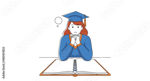 Thoughtful student girl in graduation gown and mortarboard cap sitting at desk with open book and thinking bubble illustration.