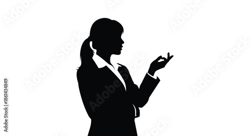 Black silhouette of professional woman in business suit showing a side profile view with hand gestures for explanation or presenting.