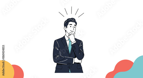 Businessman in formal suit thinking with hand on chin and glowing light rays representing new ideas against white background.
