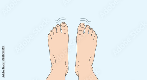Top down view illustration of human feet with blue wavy lines indicating movement or cold sensation against a light blue background.