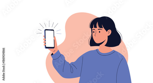 Young woman holding up a smartphone with glowing blank screen for app display or content presentation on abstract peach background.