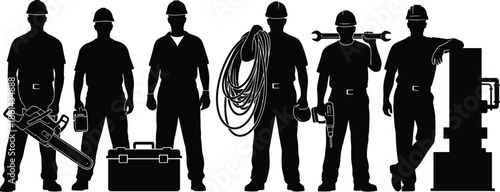Silhouettes of construction workers with tools and equipment, black figures, industrial posture, white background, labor and trade illustration