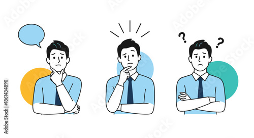 Three poses of a man in blue shirt showing states of wondering, finding a new idea, and being confused with question mark icons.