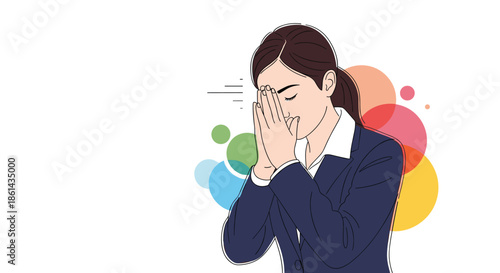 Stressed businesswoman in dark suit with hands on her face looking worried against colorful abstract background circles illustration.