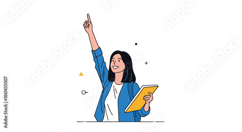 Enthusiastic young woman holding a book and pointing upwards with a new discovery against white background with abstract shapes.