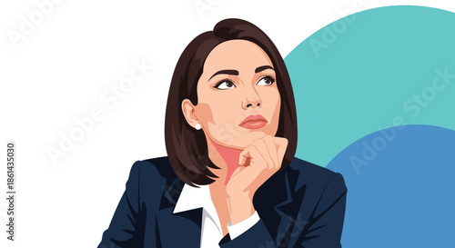Close up of professional woman in business suit looking thoughtful and gazing upwards against abstract blue circular background.