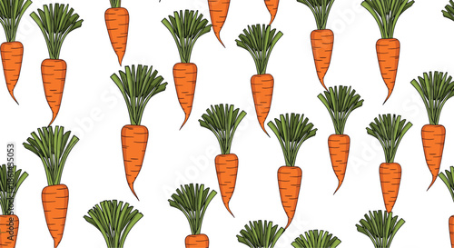 Seamless pattern of whole orange carrots with green tops scattered randomly on a clean white background for food design.