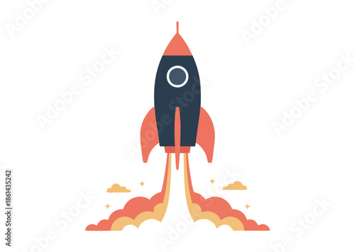 Creative Illustration of a Rocket Ship Launching into Space with Fiery Exhaust and Clouds, Symbolizing Growth and Ambition