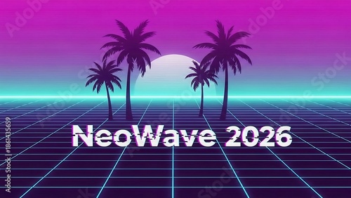 Retro futuristic neon palm trees landscape.