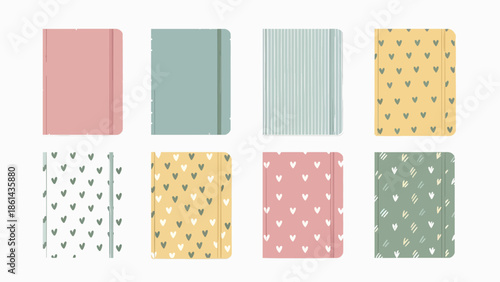 Elegant collection of eight pastel notebooks and planners, featuring solid soft hues and charming heart patterns, ideal for journaling and creative planning