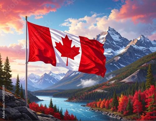 canadian flag in the mountains