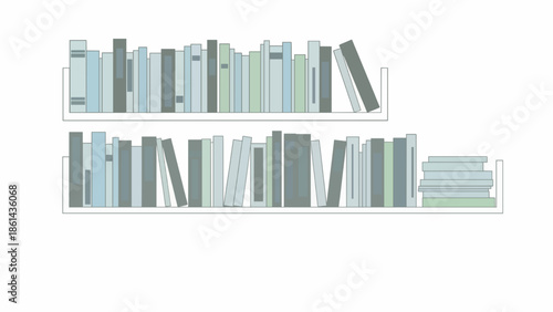 Stylized illustration of neatly arranged book collections on white floating shelves, symbolizing education, imagination, and a passion for reading in a clean, graphic design style