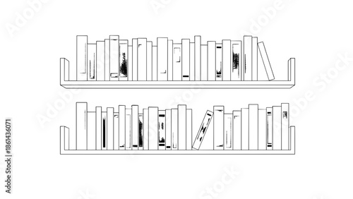 Clean Line Art Graphic of Two Shelves Heavily Stocked with Diverse Books, Symbolizing Education, Knowledge Acquisition, and Literary Resources