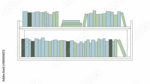 Clean vector illustration of a modern double-tiered bookshelf filled with an array of books in soft hues, symbolizing knowledge, learning, and literary interests