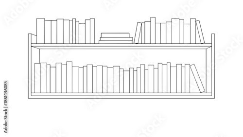 A simple line drawing illustration of a bookshelf filled with books, neatly organized and stacked, suggesting knowledge and education