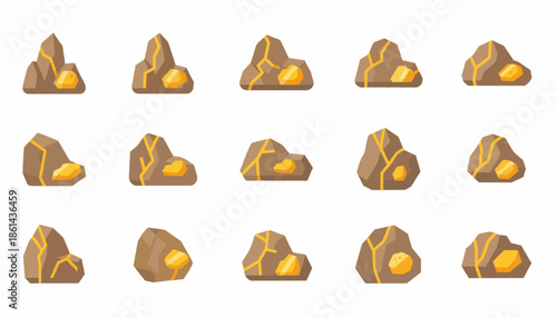 Collection of stylized gold ore rocks, representing wealth and precious minerals, rendered in a cartoonish graphical style
