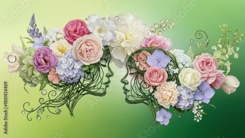 Two profiles formed by blooming flowers and lush green foliage symbolizing connection