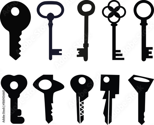 Antique key silhouettes. Medieval and modern keys, black vintage shapes set. Open door symbols,privacy and escape. Abstract tidy vector elements Mixed Keys Silhouettes and Keys black white vector icon