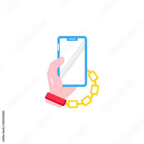 Hand chained to smartphone icon. Flat vector illustration of mobile phone addiction, social media dependency, and digital mental health concept.