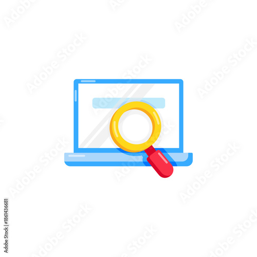 Laptop with magnifying glass for web search. Flat vector illustration of computer data analysis, online research, and digital SEO auditing.