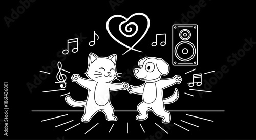 Cute cartoon cat and dog dancing together with music notes and heart Vector