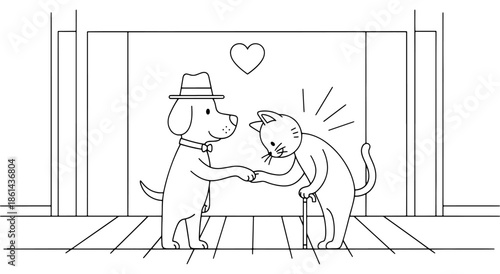 A dog in a hat shakes hands with an old cat with a cane Vector