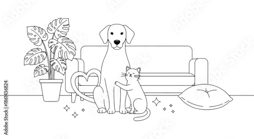 A dog and cat sit together in front of a couch with a plant Vector