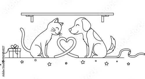 A cat and dog form a heart with their tails under a shelf Vector