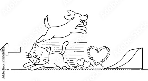 Joyful cat and dog playing together with hearts and a ramp Vector