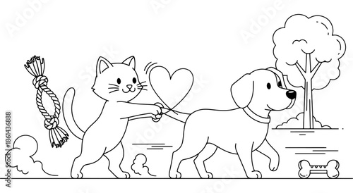 Cute cat and dog walking together in a park with a toy and bone Vector