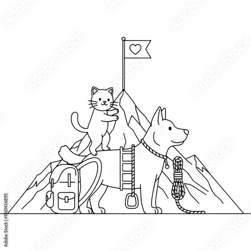 A cat and dog reach the mountain summit together Vector
