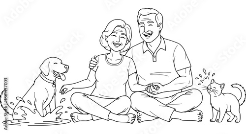 Happy senior couple enjoying time with their dog and cat outdoors Vector