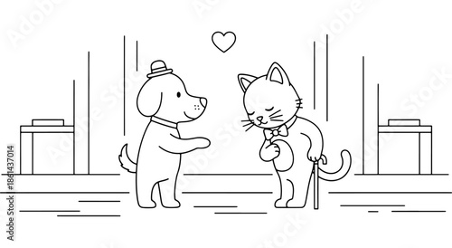 A charming dog and cat share a moment with a heart floating above Vector