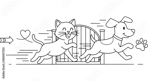 A happy cat and dog running together with a heart and paw print Vector