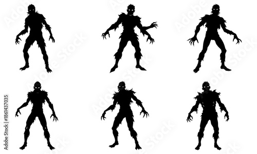 Six Zombie Silhouettes on White Background black horror