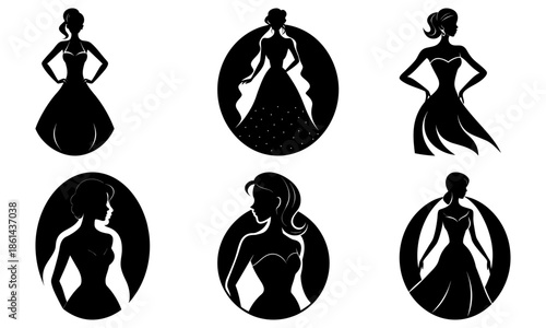 Five Women in Dresses Silhouettes on White Background formal fashion