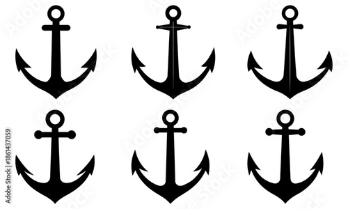 Six Black Anchor Symbols on White Background nautical