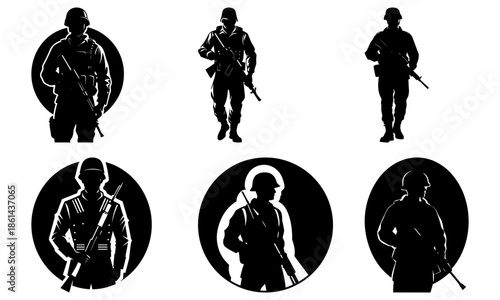 Silhouettes of Soldiers with Rifles on White Background military uniform