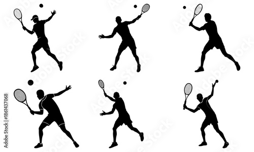 Silhouette of tennis players hitting balls with rackets on white background